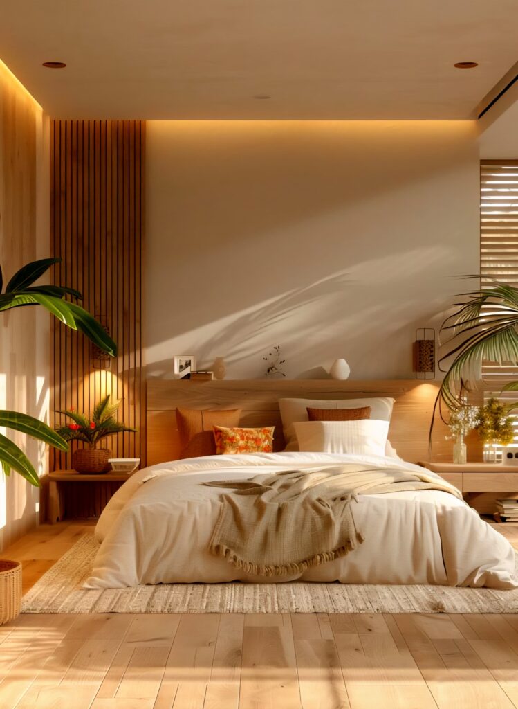 Natural bedroom design in quiet luxury style with wood accents and indoor plants.