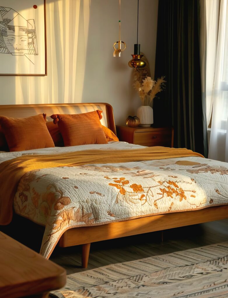 Modern bedroom in quiet luxury style, decorated with warm tones and bathed in natural light.
