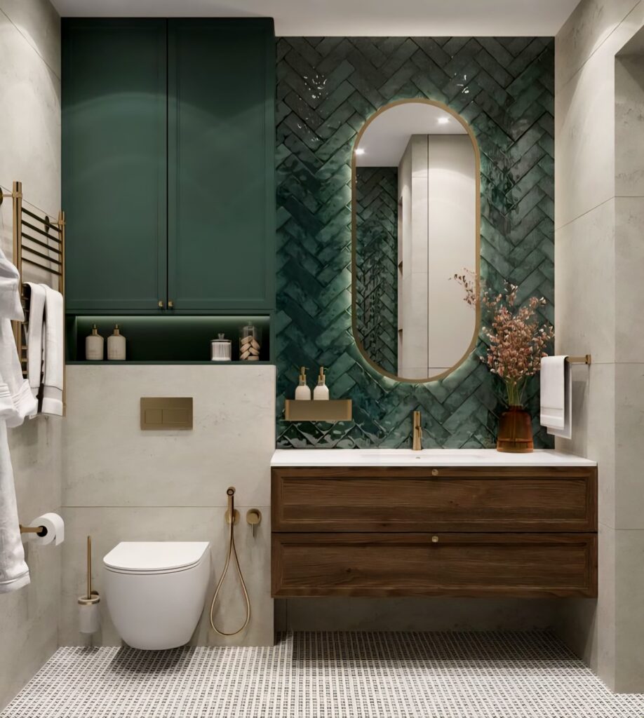 Modern bathroom interior with a curved bathroom mirror, green herringbone tile backsplash, floating wooden vanity, and gold fixtures for a luxurious and natural look.