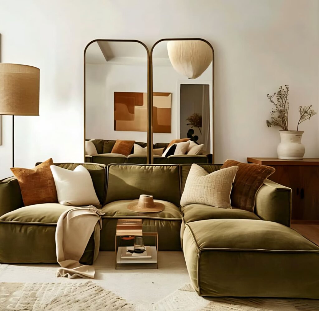 Olive green sofa in a modern living room with arched mirrors, warm-toned pillows, and minimalist decor.