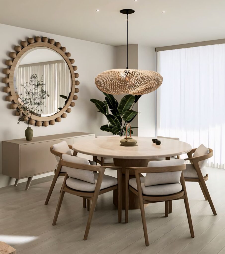 Creamy Neutral Dining Chairs paired with light wood table in a natural setting.