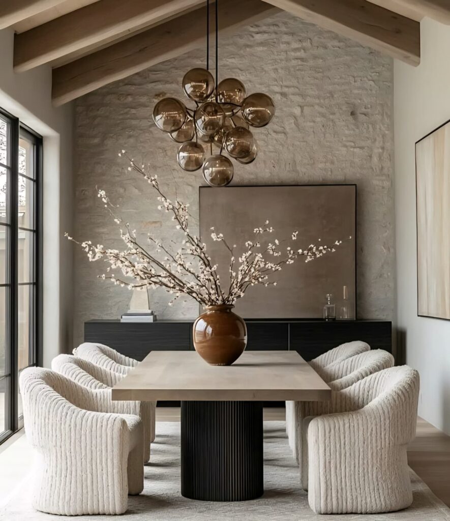 Creamy Neutral Dining Chairs with textured upholstery around a modern wood table.