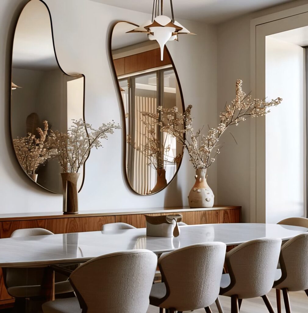 Creamy Neutral Dining Chairs paired with sculptural mirrors and soft-toned vases.