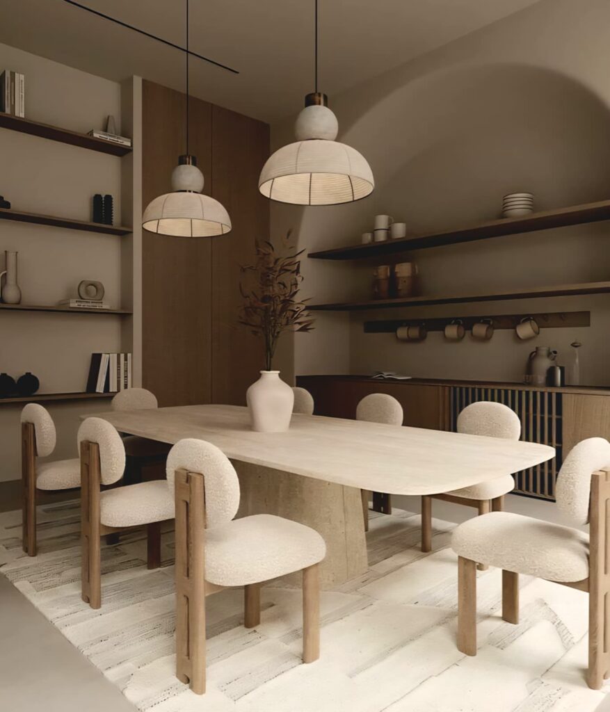 Neutral dining chairs with boucle texture and wooden legs around a natural stone table.