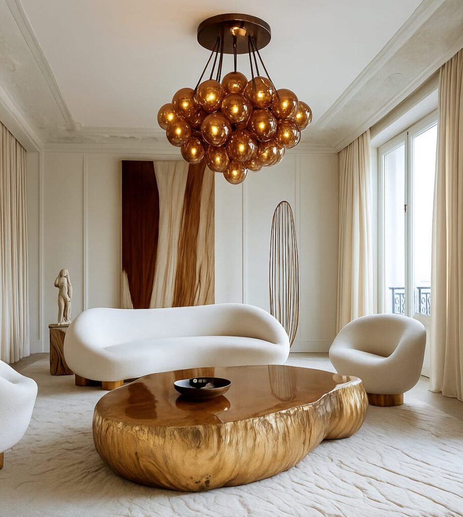 The amber-toned bubble chandelier acts as both light source and sculpture. Below, the organically shaped coffee table echoes its warmth and form. Together, they create a serene and luxurious visual rhythm.