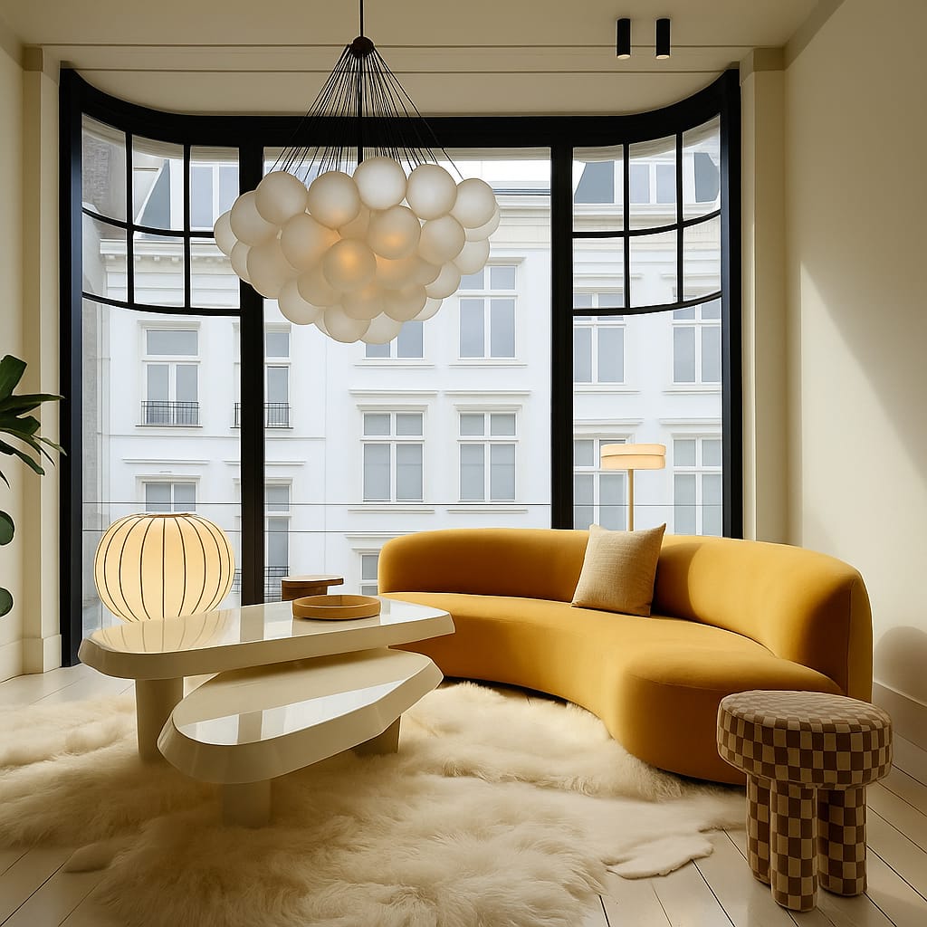 Like a soft cloud, the white bubble chandelier reflects daylight gently and evenly. The mustard curved sofa balances the cool glow with cozy warmth. This timeless aesthetic brings both calm and modern character to the room.