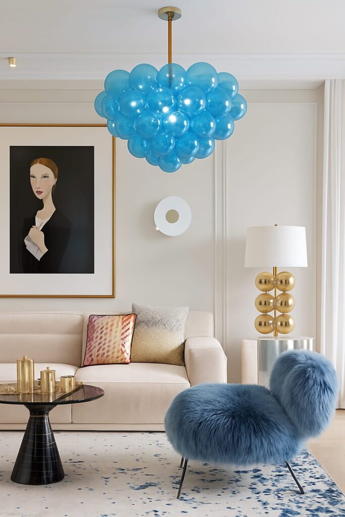 The striking blue bubble chandelier brings a playful yet refined energy to the room, inspired by the sky. Its bold tone is balanced by a plush blue chair and understated furniture, creating a space that is both daring and harmonious.


