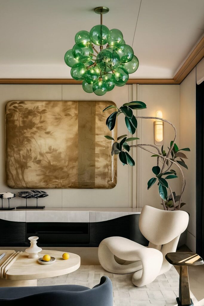 This organically shaped green chandelier adds a bold yet graceful touch to interiors with natural tones. Light reflections on the glass spheres bring both softness and vibrancy to the space.