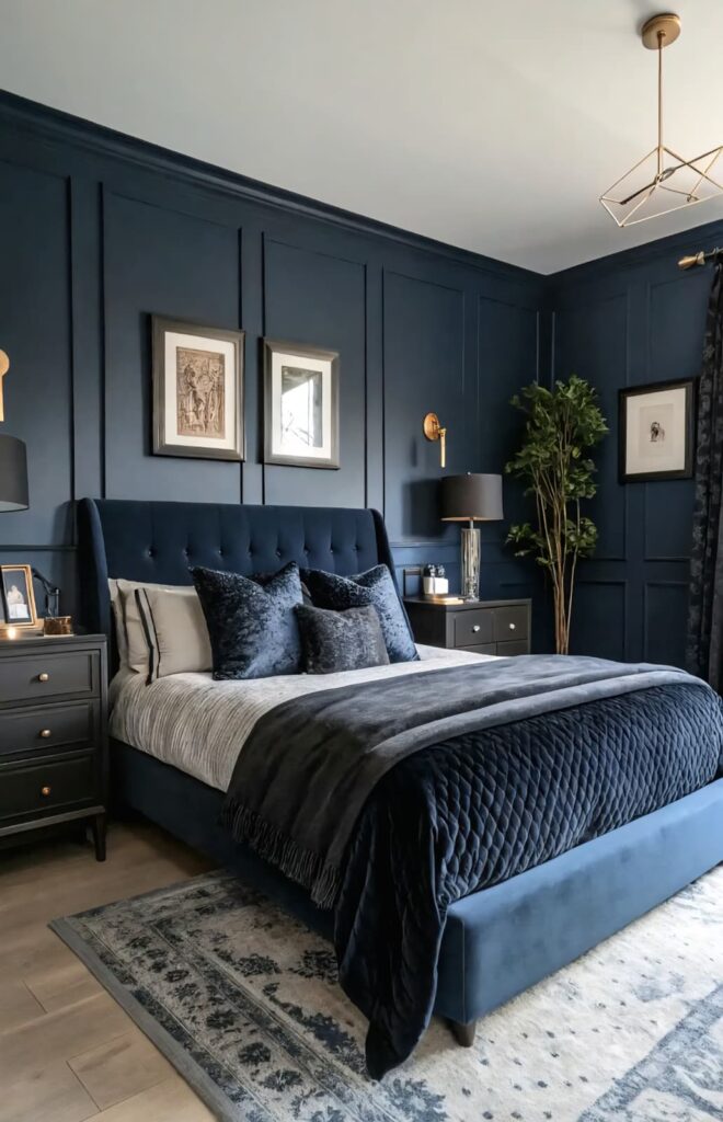 Elegant navy blue bedroom featuring a tufted headboard, classic wall panels, and soft velvet textures reflecting 2025 headboard design trends.