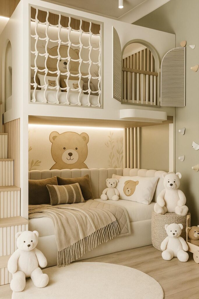 Teddy bear kids room design with pastel tones and plush toys under loft bed
