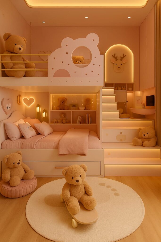 Modern kids room design with warm lighting and plush toy decor.