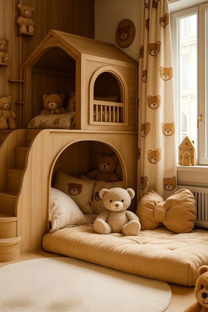 Wooden bunk bed in a teddy bear kids room design with plush details.