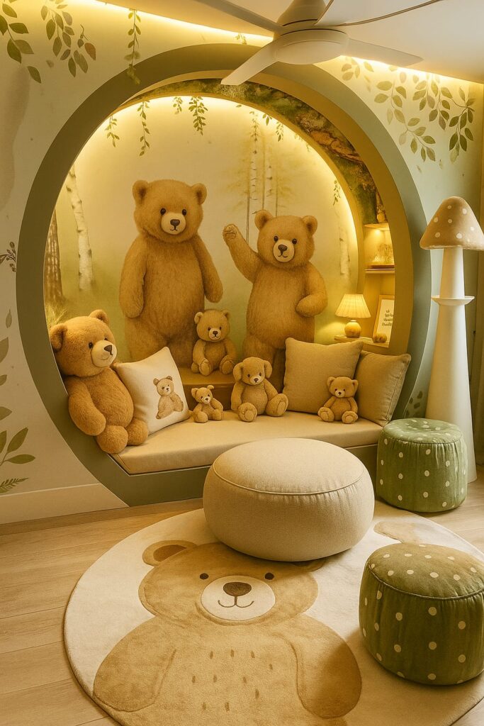 A cozy teddy bear kids room design with plush bears and forest-themed wall art.