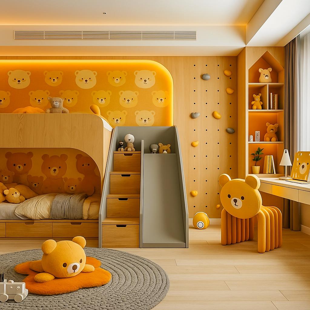 A bright teddy bear kids room design featuring a slide, bunk bed, and bear-themed furniture.