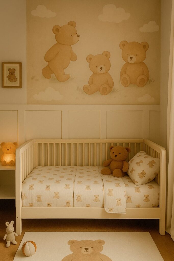 Crib with teddy bear bedding in a charming teddy bear kids room design.