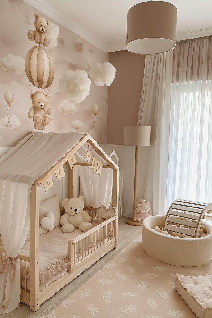 Teddy bear kids room design with soft colors and cozy play area.