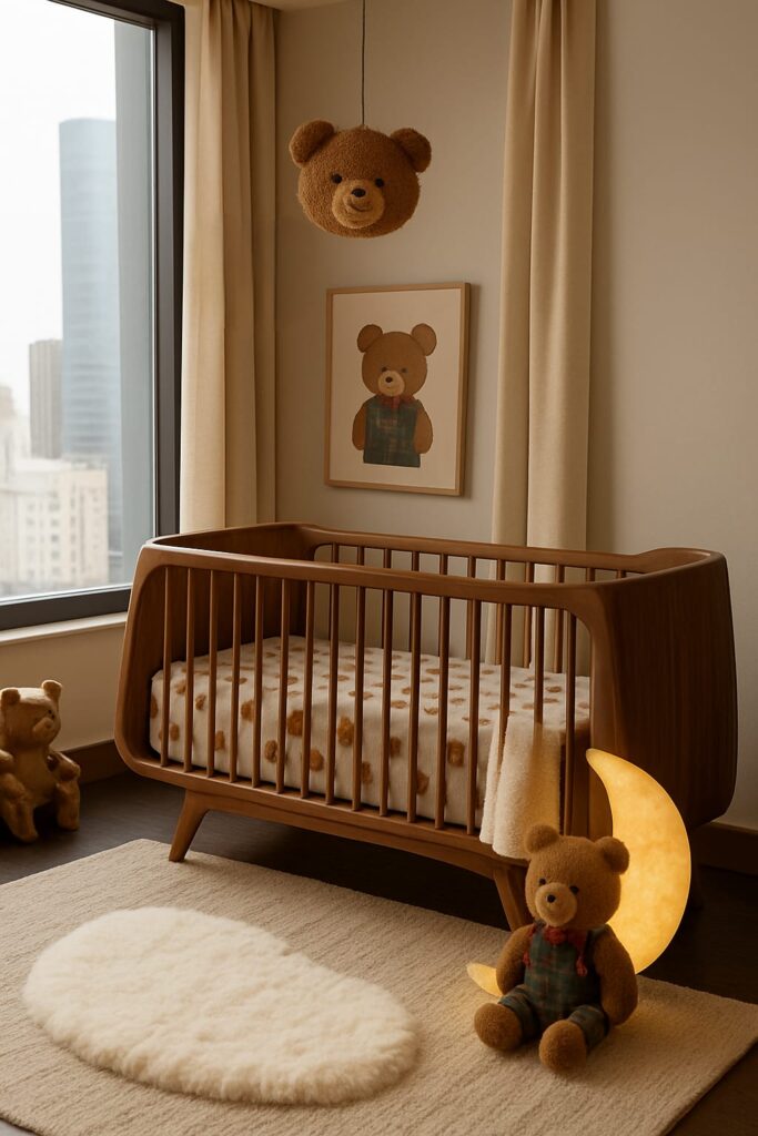 Teddy bear kids room design with wooden crib and playful moon night light.
