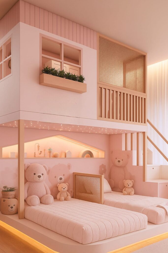 Peaceful twin bed kids room with soft pink tones and teddy decor.