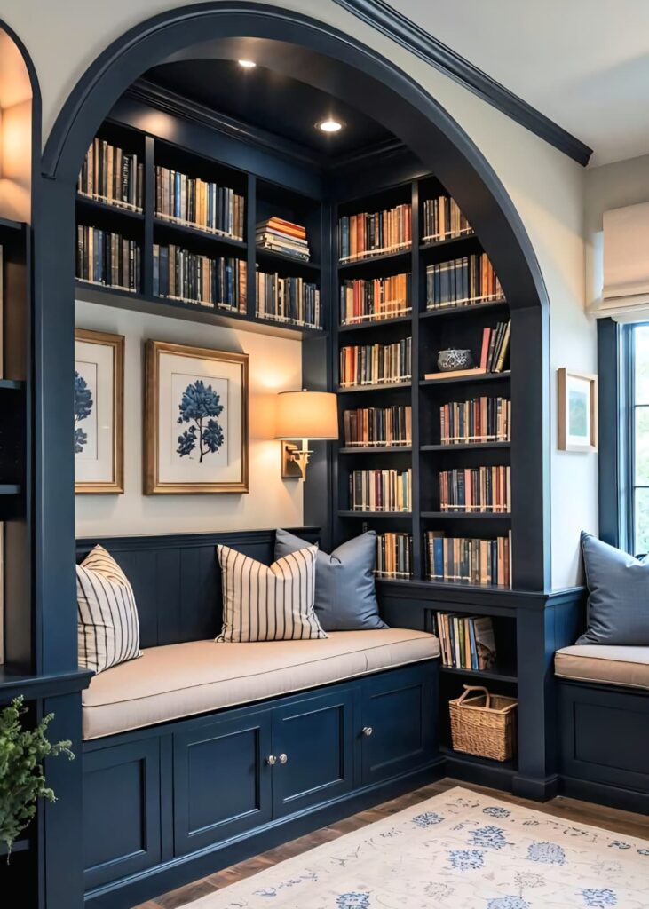 Elegant modern reading nook with built-in navy blue bookshelves, cozy bench seating, and soft cushions, creating a warm and functional home design corner.