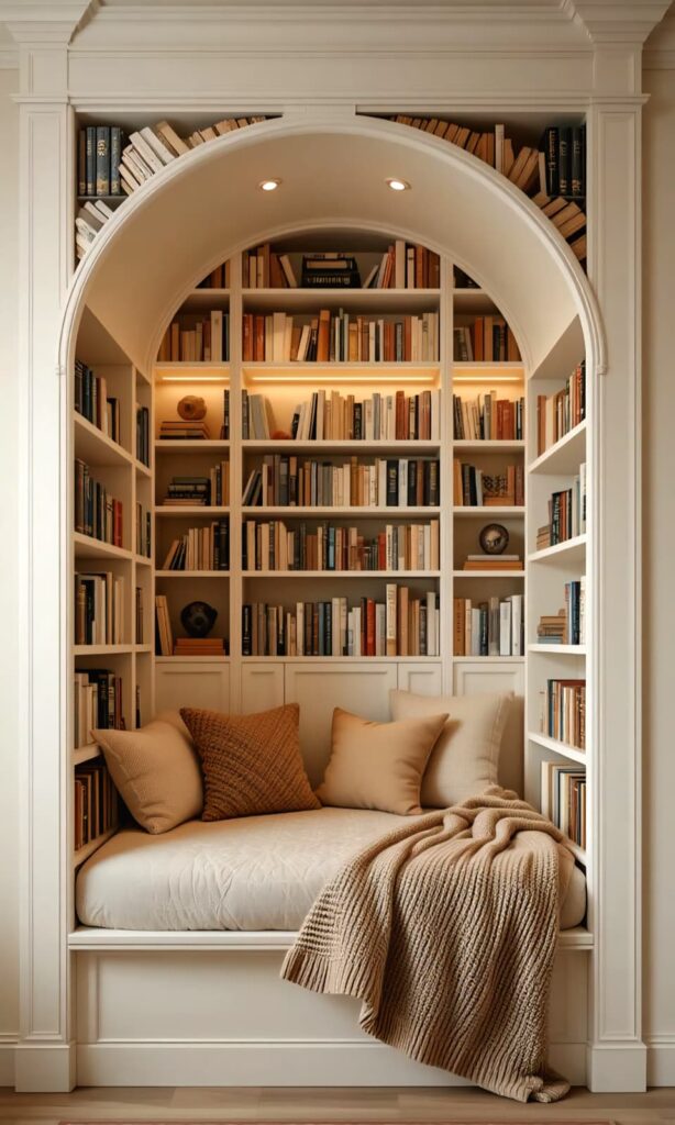 Built-in reading nook with arched bookshelves, warm lighting, and plush neutral cushions, creating a cozy and elegant home design feature.