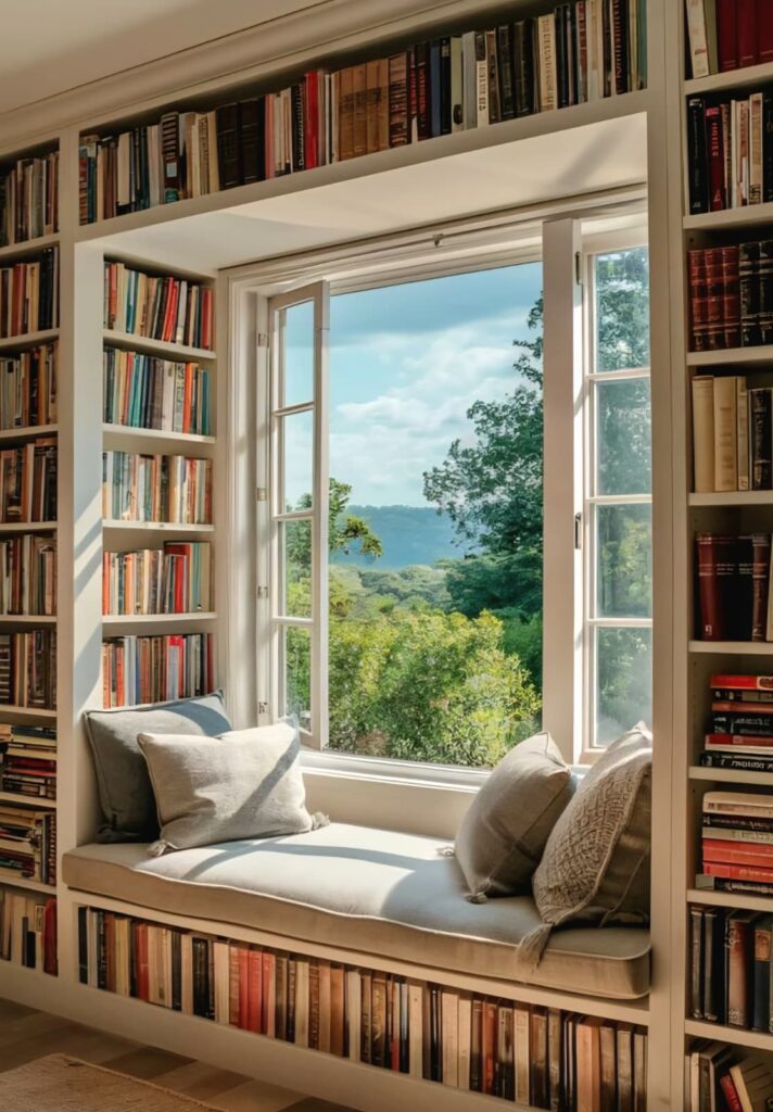 Cozy reading nook with built-in bookshelves and window seating, offering a relaxing space with scenic nature views.