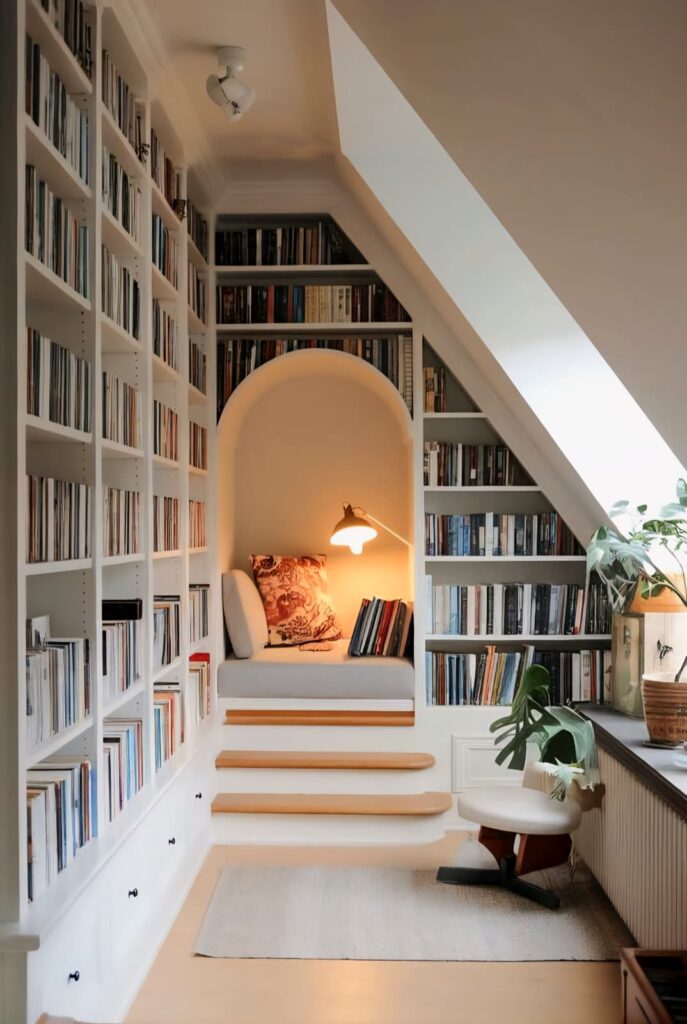 Cozy built-in seating area under the stairs, featuring soft cushions and warm lighting, offering a stylish and functional home design solution.