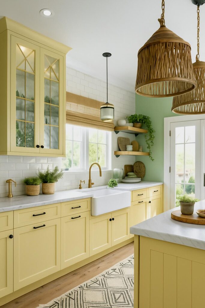 Modern farmhouse kitchen featuring butter yellow cabinets, white subway tile backsplash, and brass fixtures for a warm, inviting look.