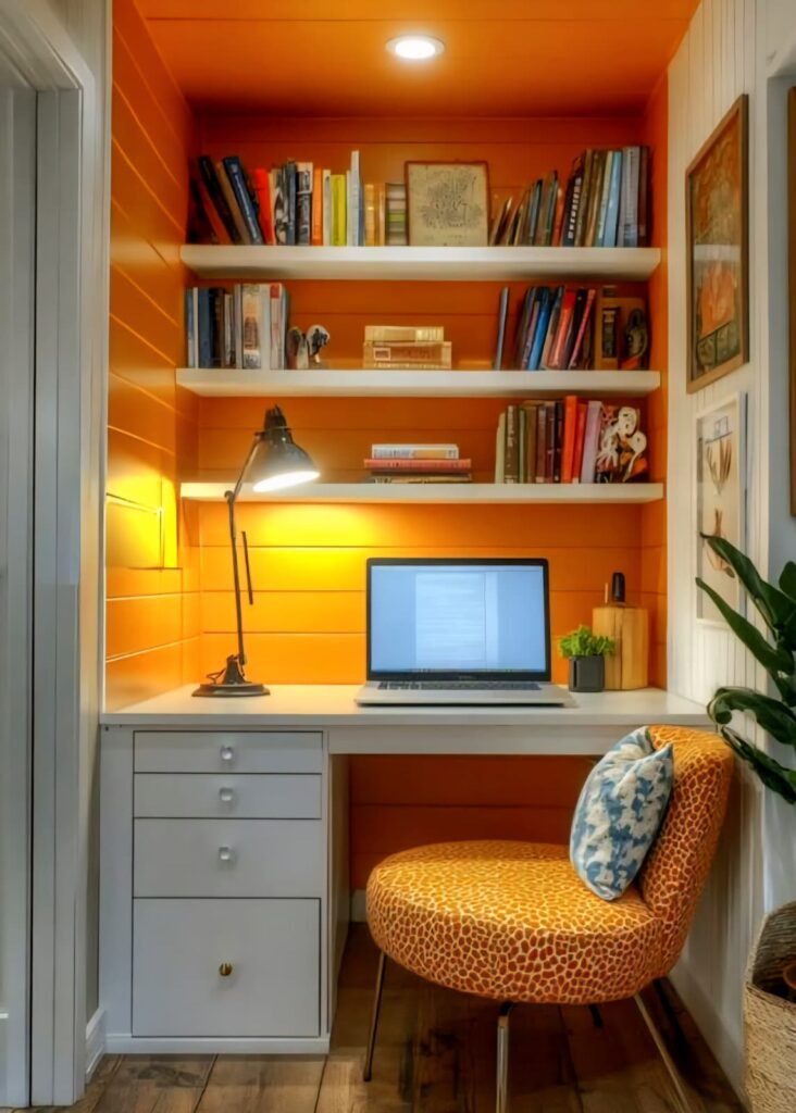 Small home office design with orange accent wall, white desk, bookshelves, modern task lamp, and patterned chair.