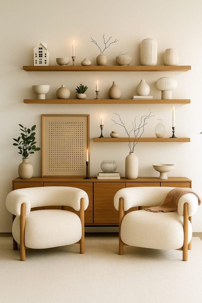 Two sculptural accent chairs with soft cream upholstery and wooden frames placed in a minimalist modern living room. The warm wooden shelves and neutral decor elements create a cozy and elegant atmosphere.