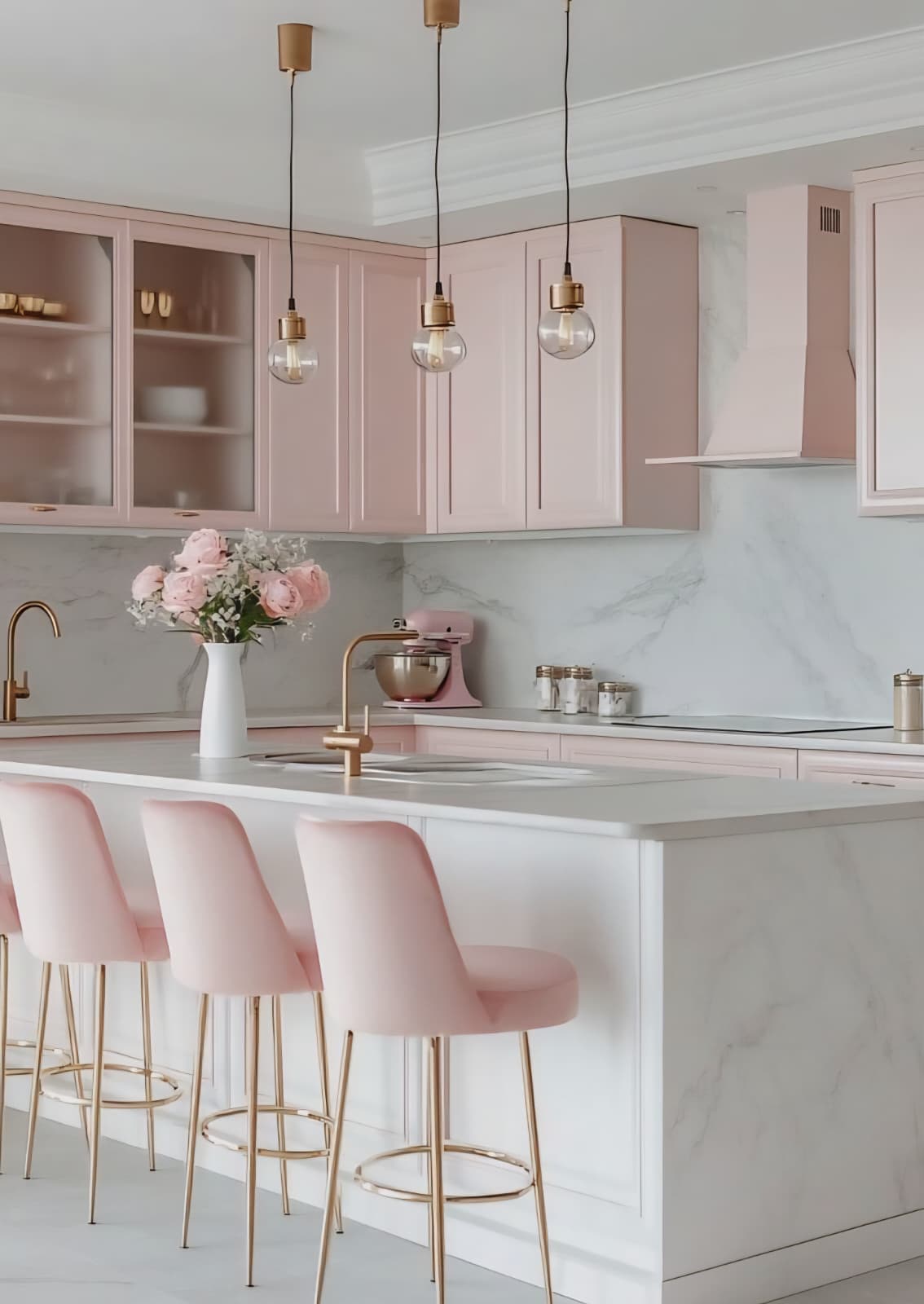 Pale Pink Kitchen Cabinets with a Floral Freshness