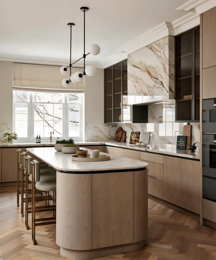 A contemporary kitchen design featuring light wood cabinetry and elegant marble surfaces, blending natural textures with modern aesthetics.