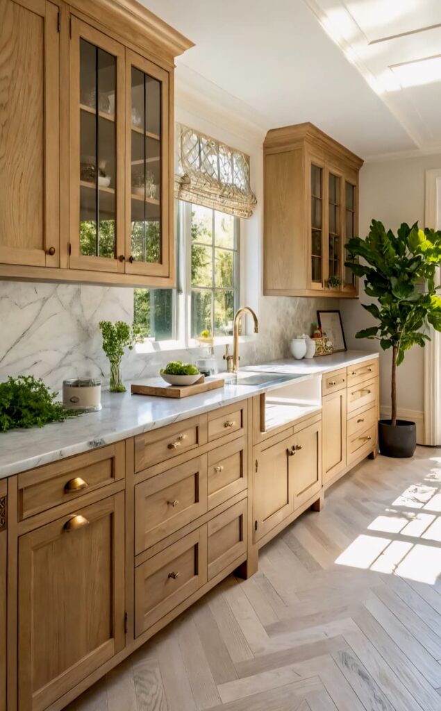 Bright kitchen design with light wood cabinets and white marble countertops, bathed in natural sunlight.