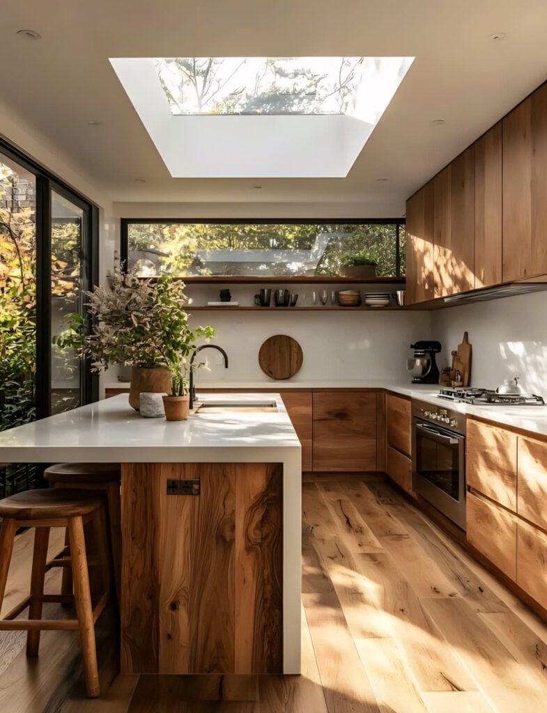 Modern kitchen with rich wood textures and large indoor plants for a natural vibe.