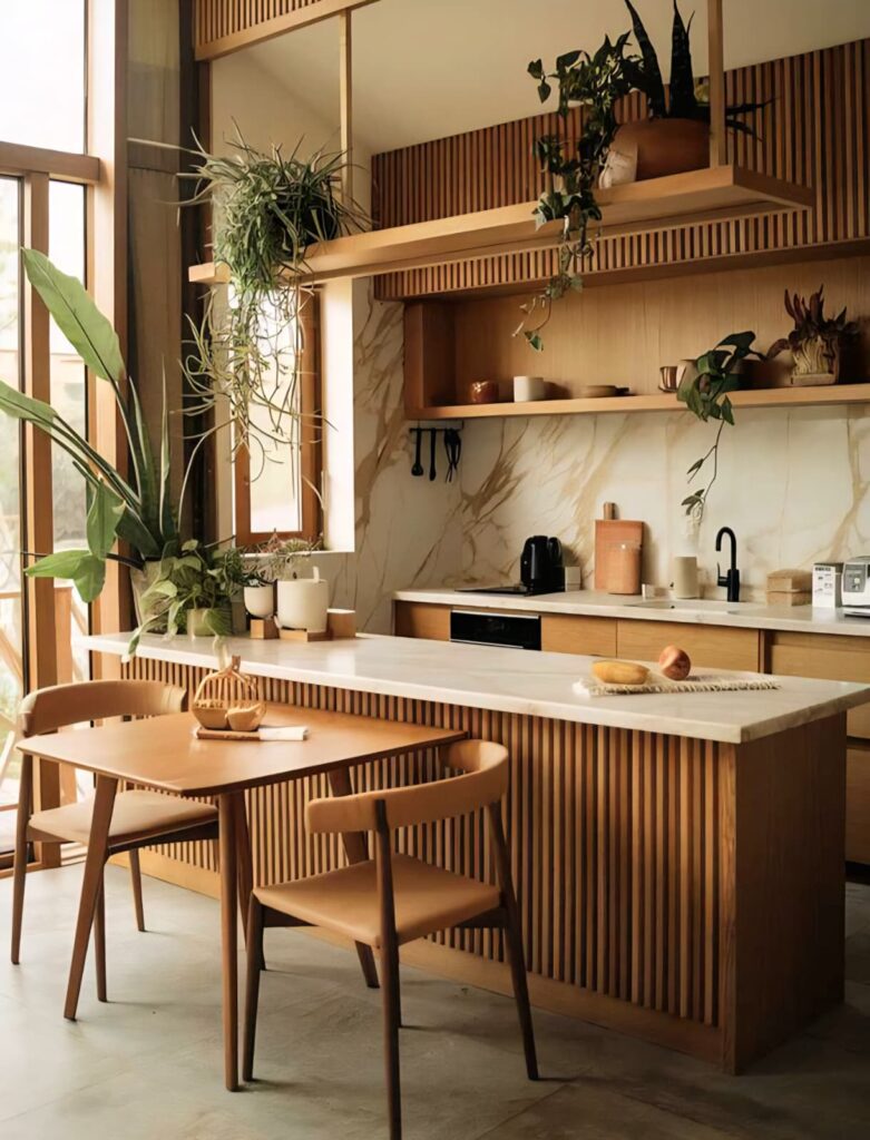 Bright small kitchen island design with light wood cabinets and subtle plant decor, offering a refreshing and airy ambiance.