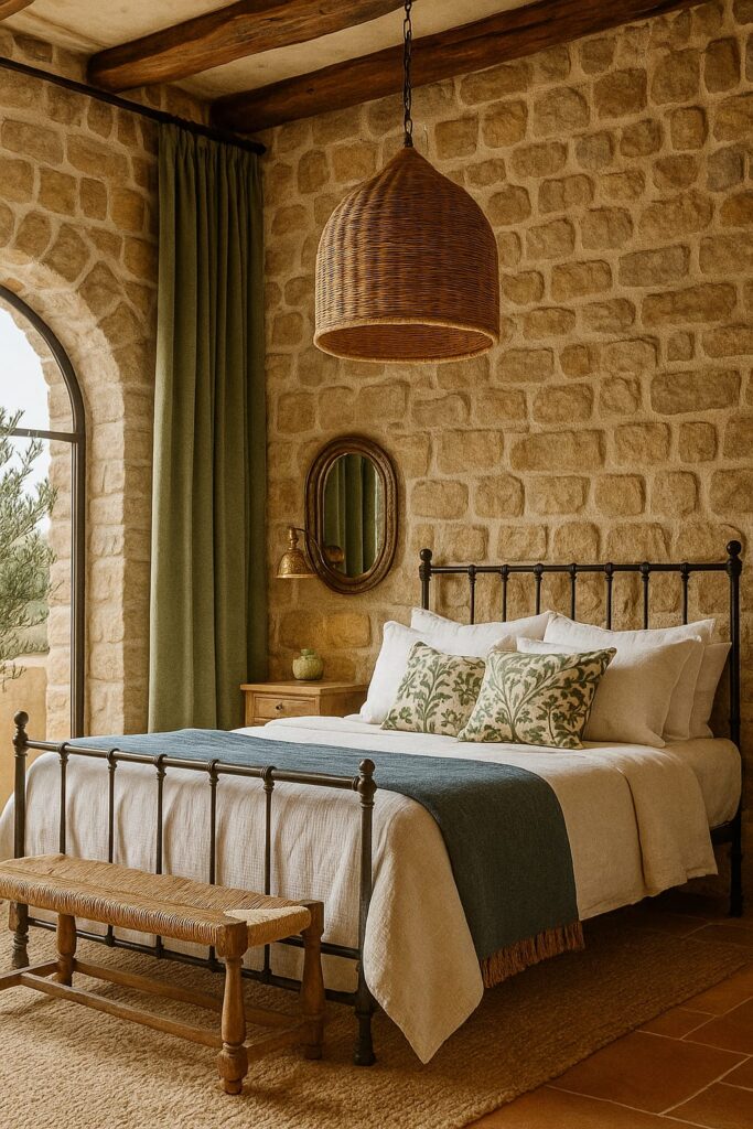 Mediterranean interior design blends natural textures with soft lighting, creating serene spaces.